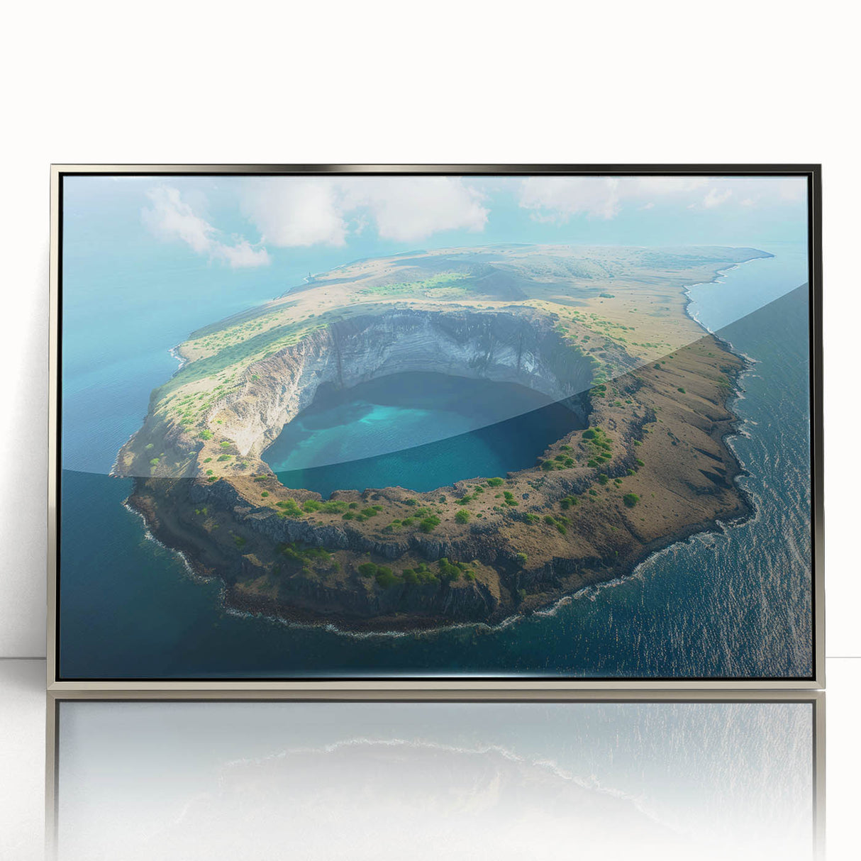 Mid-century modernist art depicting Galapagos scenery in muted earth tones on a silver-framed acrylic print.