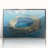 Mid-century modernist art depicting Galapagos scenery in muted earth tones on a silver-framed acrylic print.