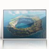 Acrylic print of Galapagos scenery in muted colors, framed in white, suitable as modern art wall decor.