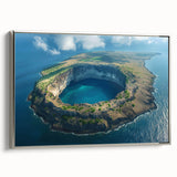 Landscape art painting of the Galápagos Islands on framed canvas, featuring vibrant colors and a vintage poster style.