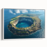Vintage poster art of Galapagos scenery on a white framed canvas.