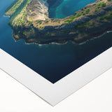 Art deco poster of Galapagos scenery in vibrant greens and blues on rolled canvas, suitable for dining room wall art.