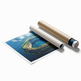 Extra large rolled print of a Galapagos scenery with vibrant green and blue tones, ideal for classy bathroom wall art.