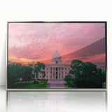 Mid-century modernist art depicting the Alabama skyline in silver and gray tones on a framed acrylic print.