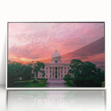 Art deco poster of Alabama scenery in muted gray and blue tones on framed acrylic, suitable for modern nursery decor.