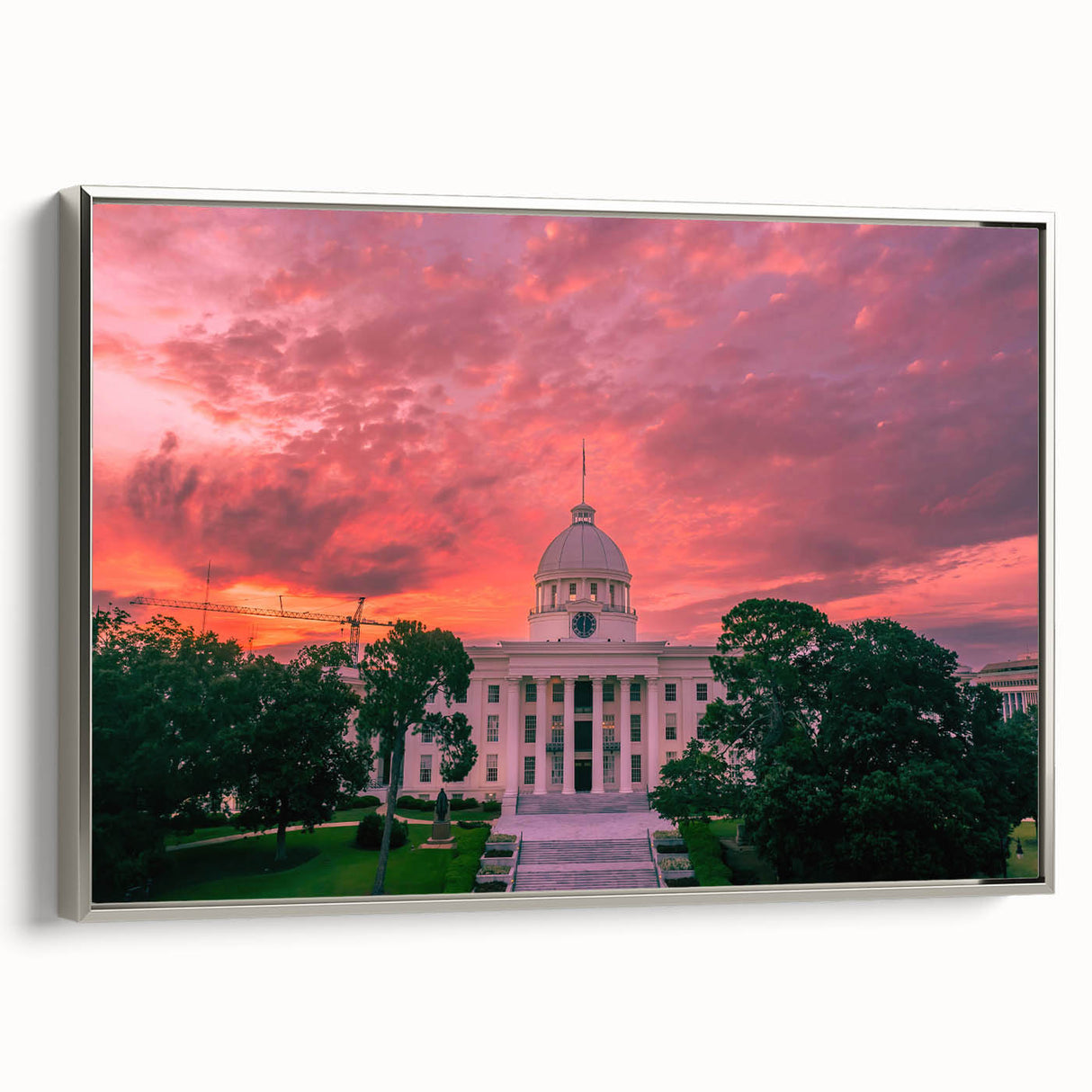 Framed canvas of a vintage-style Alabama landscape painting in muted earth tones, ideal for living room decor.