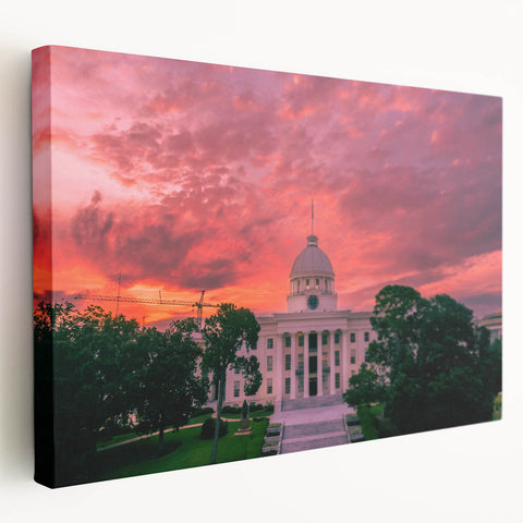 Large stretched canvas depicting a serene Alabama landscape in soft green and blue hues, ideal for kitchen wall art.