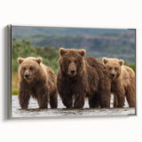 A framed canvas featuring a vintage-style landscape painting of an Alaskan scene, with vibrant greens and blues.