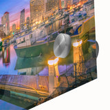 Large abstract wall art of San Diego skyline in muted blue hues on acrylic glass, ideal for bedroom or dining room decor.