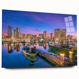 Large abstract wall art depicting the San Diego skyline in mid-century modernist style on acrylic glass.