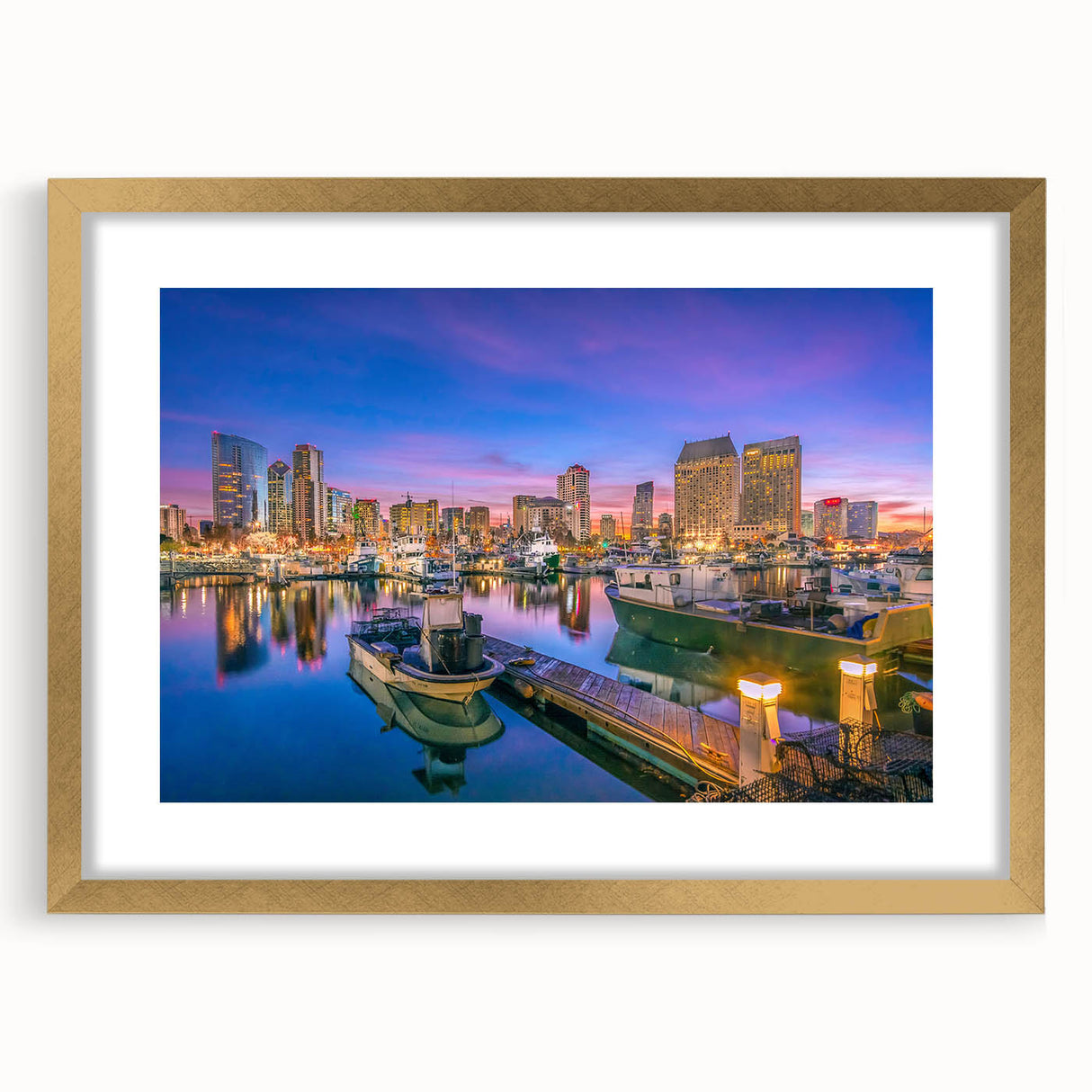 Extra large abstract art print of San Diego scenery in gold frame with mat, featuring textured details and vibrant colors.