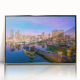 Large art print of San Diego scenery in mid-century modernist style, framed in gold acrylic.