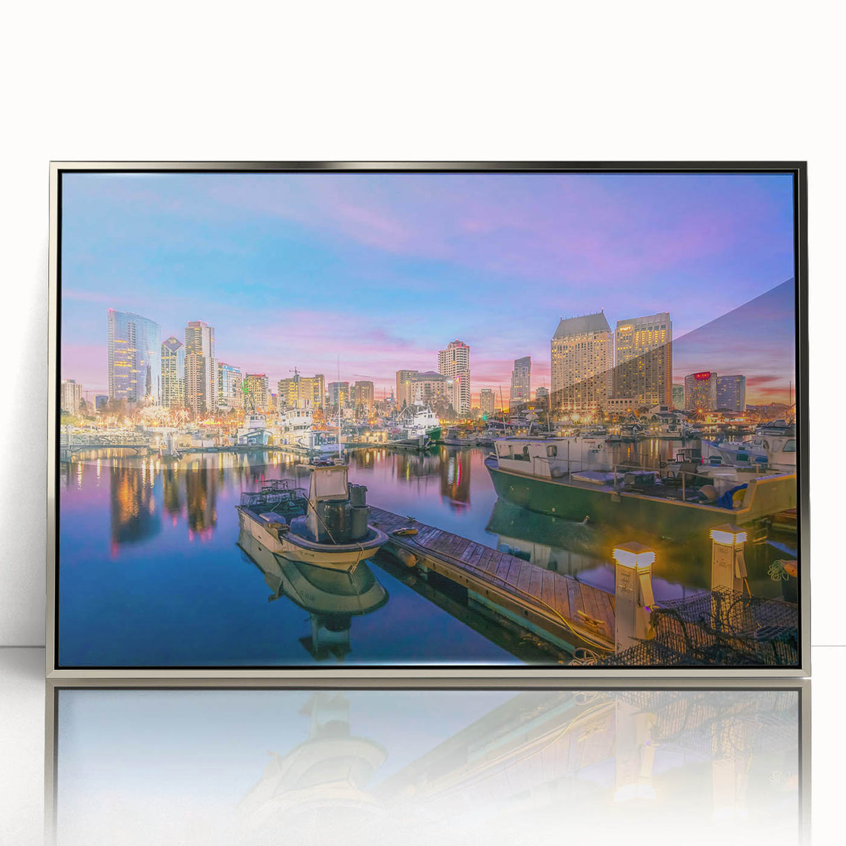 Mid-century modernist art depicting the San Diego skyline in muted blue tones on a framed acrylic print.