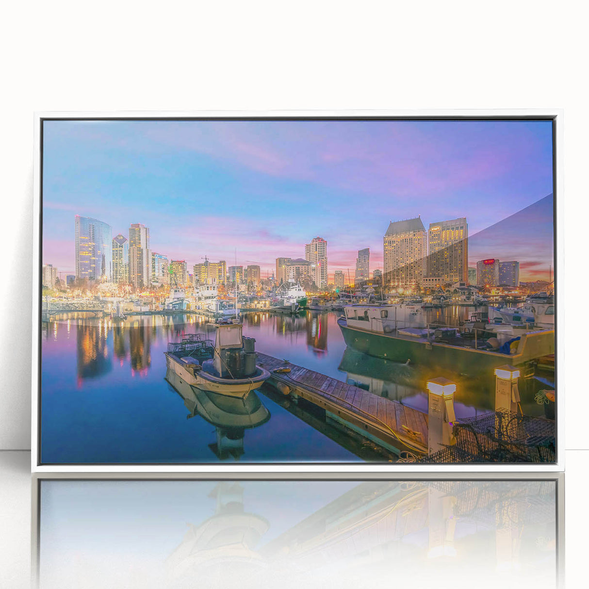 Acrylic print of San Diego skyline in art deco style, featuring cool blue and white tones, ideal for modern art wall decor.