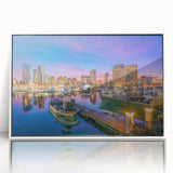 Acrylic print of San Diego skyline in art deco style, featuring cool blue and white tones, ideal for modern art wall decor.