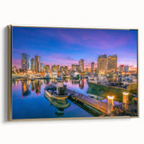 Framed canvas depicting a vintage-style San Diego landscape in black and gold tones, ideal for bedroom wall art.