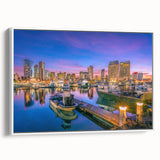 Vintage poster art of San Diego skyline in colorful hues on a large framed canvas, ideal for living room decor.