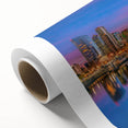 Art deco poster of San Diego skyline in pastel shades on rolled canvas, ideal for nursery wall art.