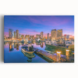 Black and white photo of San Diego skyline on large stretched canvas, suitable for kitchen wall art.