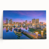 Black and white photo of San Diego skyline on large stretched canvas, ideal for kitchen wall art.