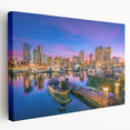 San Diego skyline in muted gray and blue tones on a large stretched canvas, ideal for kitchen wall art.