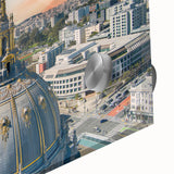 Large abstract depiction of San Francisco on acrylic glass in muted gray and blue, ideal for dining room art.