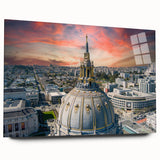 Acrylic print of a large abstract depiction of San Francisco, featuring vibrant blues and oranges.
