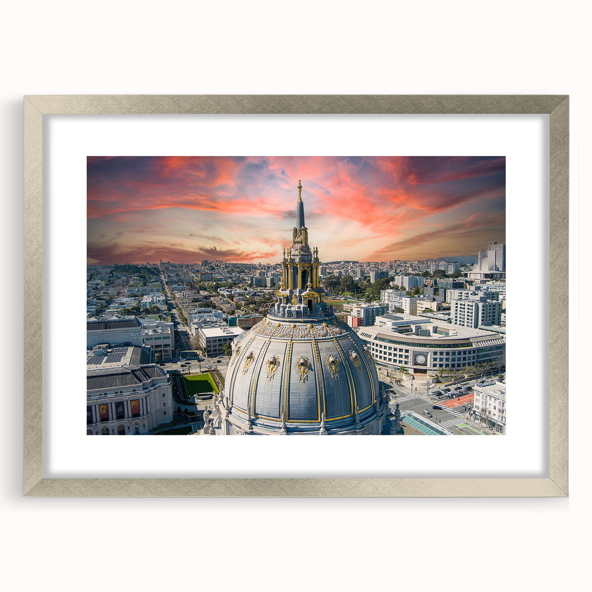 Textured abstract art print of San Francisco skyline in muted gray and blue tones, framed in silver, ideal for bedroom art.