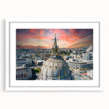 Abstract art print of San Francisco skyline in muted gray and blue tones on a framed white mat, ideal for dining room decor.