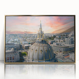 Framed acrylic print of San Francisco skyline in gold and blue tones, ideal for modern art wall decor.