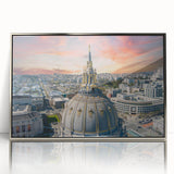 Mid-century modernist art depicting San Francisco skyline in muted blue and silver tones on a framed acrylic print.