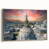 Framed canvas of a vintage-style San Francisco landscape in black and gold tones, ideal for bedroom wall art.