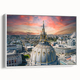 Vintage poster art of San Francisco skyline in colorful hues on a large framed canvas, ideal for living room decor.