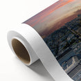 Art deco poster of San Francisco skyline in muted blue tones on rolled canvas, ideal for nursery wall art.
