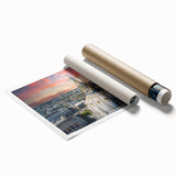 Extra large rolled print of San Francisco skyline in muted gray tones, ideal for classy bathroom wall art.
