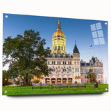 Acrylic glass print of a Connecticut landscape in muted earth tones, suitable for bedroom or dining room decor.