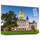 Large abstract wall art of Connecticut scenery in muted earth tones on acrylic glass, ideal for bedroom or dining room decor.