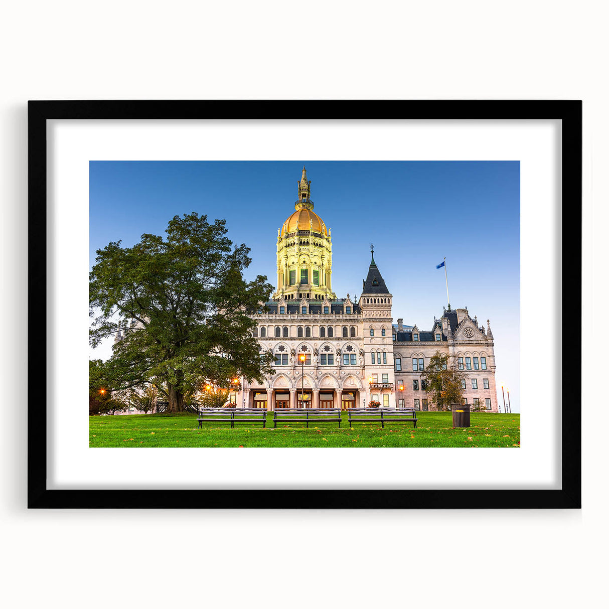 Abstract art print featuring a colorful, textured depiction of a Connecticut landscape on a large framed canvas.