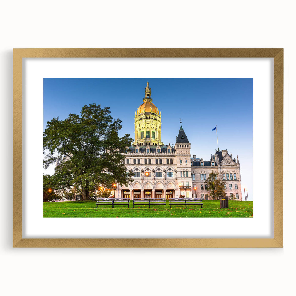 Extra large abstract art print of a Connecticut scenery in muted earth tones, framed in gold, ideal for living room decor.
