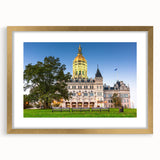 Extra large abstract art print of a Connecticut scenery in muted earth tones, framed in gold, ideal for living room decor.