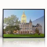 Large abstract wall art depicting a Connecticut scenery in black and white tones, framed in acrylic.