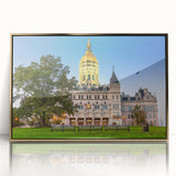 Mid-century modernist art depicting Connecticut scenery in gold and green tones on framed acrylic.