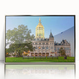 Mid-century modernist art depicting Connecticut scenery in muted earth tones on a framed acrylic print.