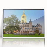 Art deco poster of Connecticut scenery in muted blue tones on framed acrylic, ideal for modern nursery wall art.