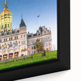 Extra large framed canvas featuring a textured depiction of the Connecticut scenery in black with colorful art accents.