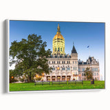 Vintage poster art of Connecticut scenery on a large framed canvas with vibrant colors, suitable for living room decor.