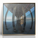 Mid-century modernist Daytona scenery on gold-framed acrylic, featuring vibrant blue and green tones.