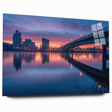 Large abstract wall art of Delaware scenery in muted blue tones on acrylic glass, ideal for bedroom or dining room decor.