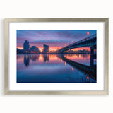 Textured art depicting an abstract Delaware scenery in muted blues and grays, framed in silver, ideal for bedroom art.