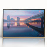 Acrylic print of a Delaware landscape in gold and green hues, framed, ideal for modern art wall decor.